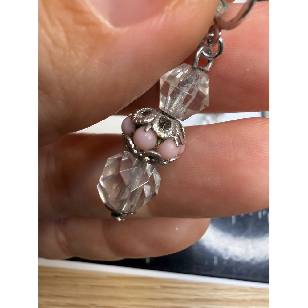 Vintage Sterling Silver Pink Bead Clear Crystal Screw Back Dangle Earrings